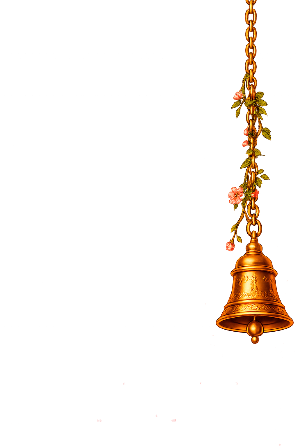 Single ornate gold hanging temple bell with trailing pink flowers on a red-orange gradient background