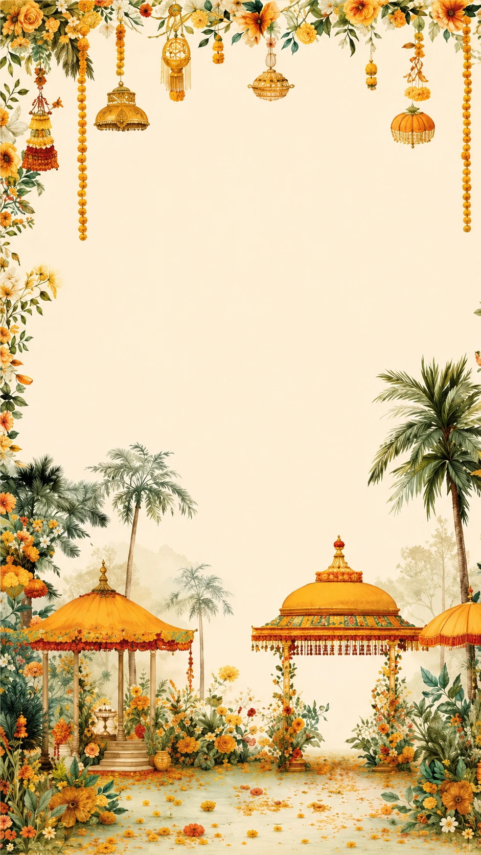 Cream watercolor haldi invitation backdrop with hanging marigold garlands, brass lanterns, palm trees and saffron garden gazebos