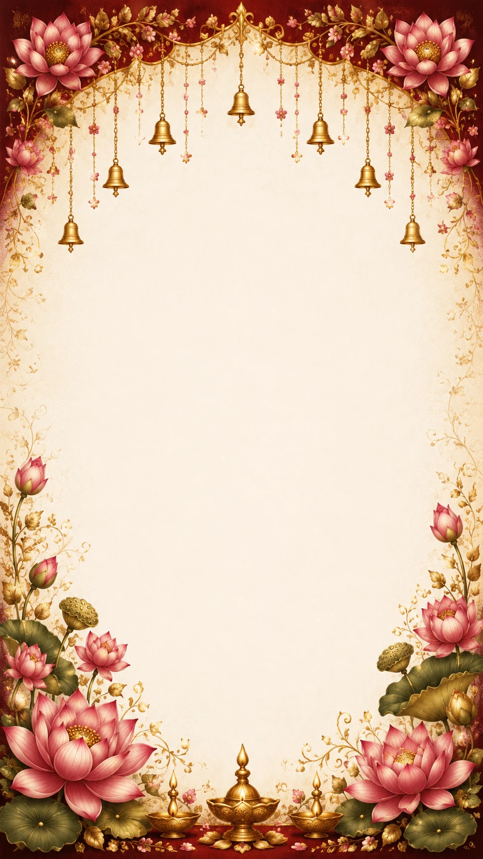 Maroon and gold arch with carved pillars, jasmine garlands, pink lotuses and a golden pavilion