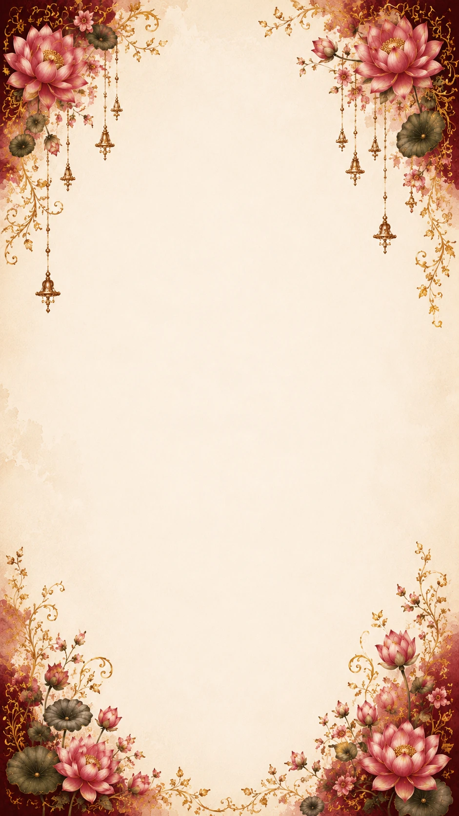Maroon and gold border with hanging temple bells, garlands, lotus corners and glowing diyas