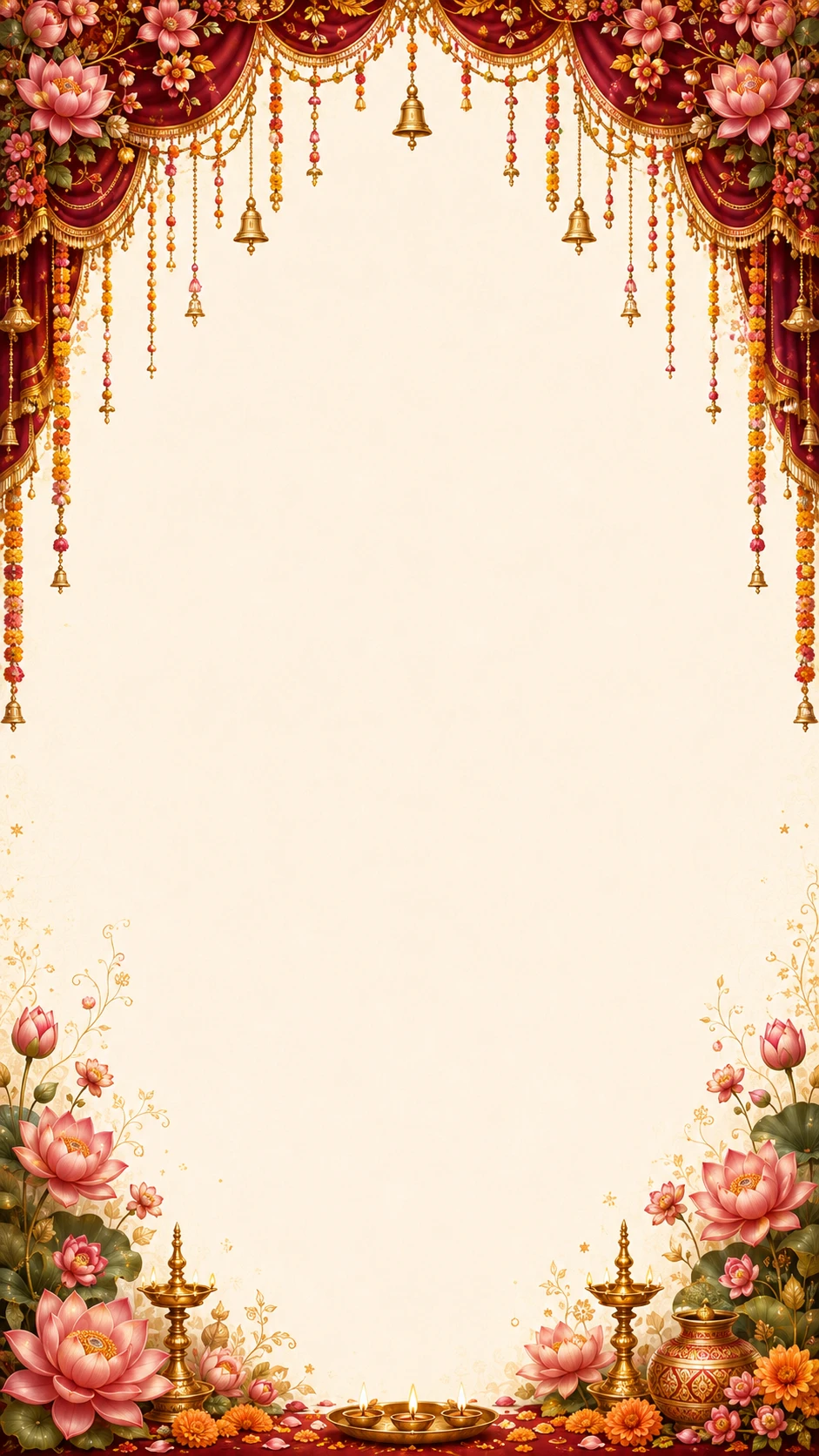 Cream page with pink lotus corners, hanging gold bells and delicate gold vine borders
