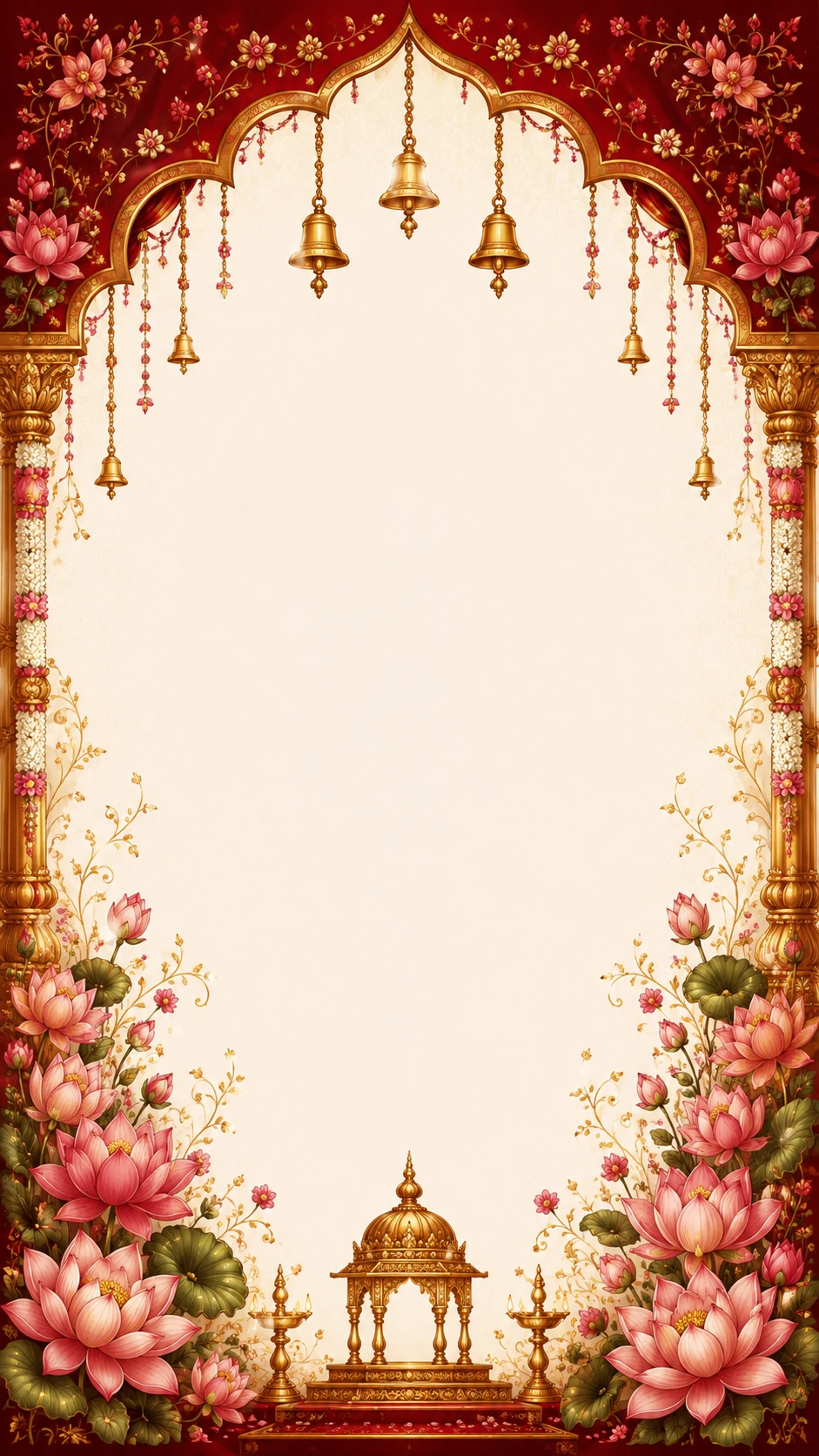 Maroon drapes with marigold garlands, hanging bells, lotus clusters and brass lamps below