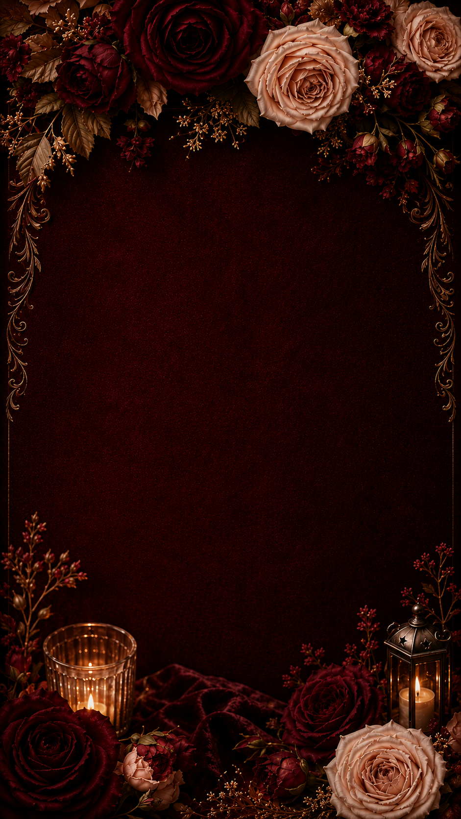 Dark burgundy background with red and blush roses, gold scrollwork border and candles