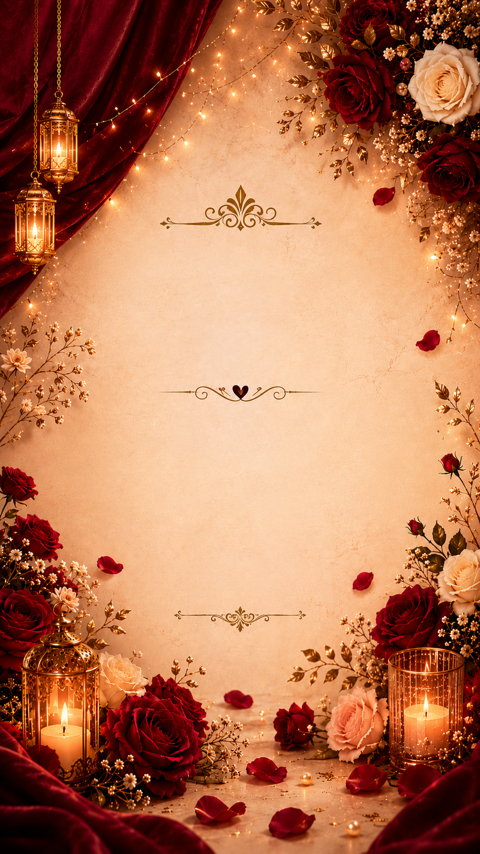 Cream background with a red velvet drape, hanging gold lanterns, fairy lights and roses