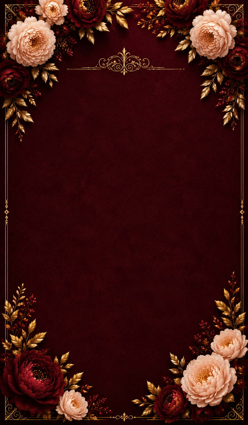 Deep maroon background with a thin gold border and peony bouquets in the corners