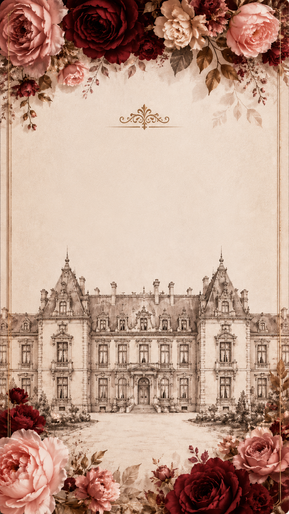 Sepia pencil-sketch illustration of a grand chateau palace framed by roses