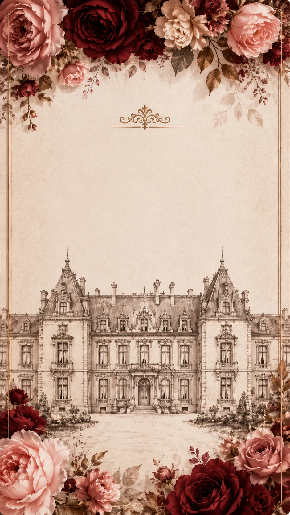 Sepia pencil-sketch illustration of a grand chateau palace framed by roses