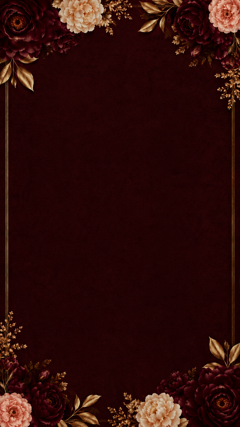 Dark maroon background with a gold double-line border and peony clusters in the corners