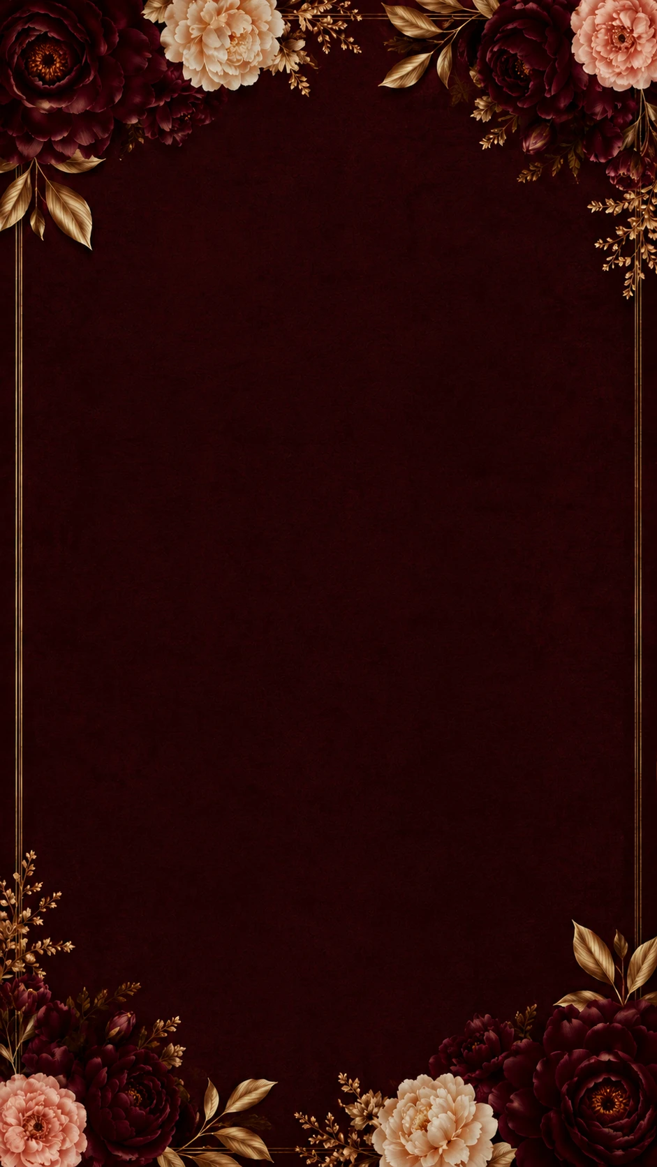 Dark maroon background with a gold double-line border and peony clusters in the corners