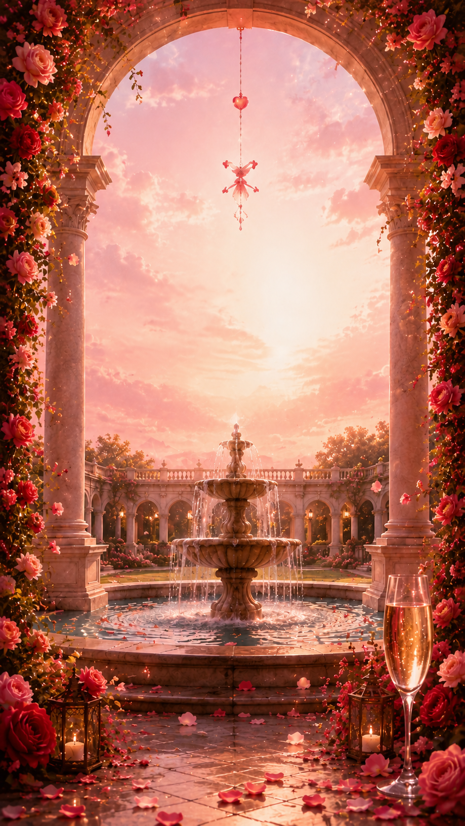 Photo of a palace courtyard at dusk with a lit fountain, roses and fairy lights