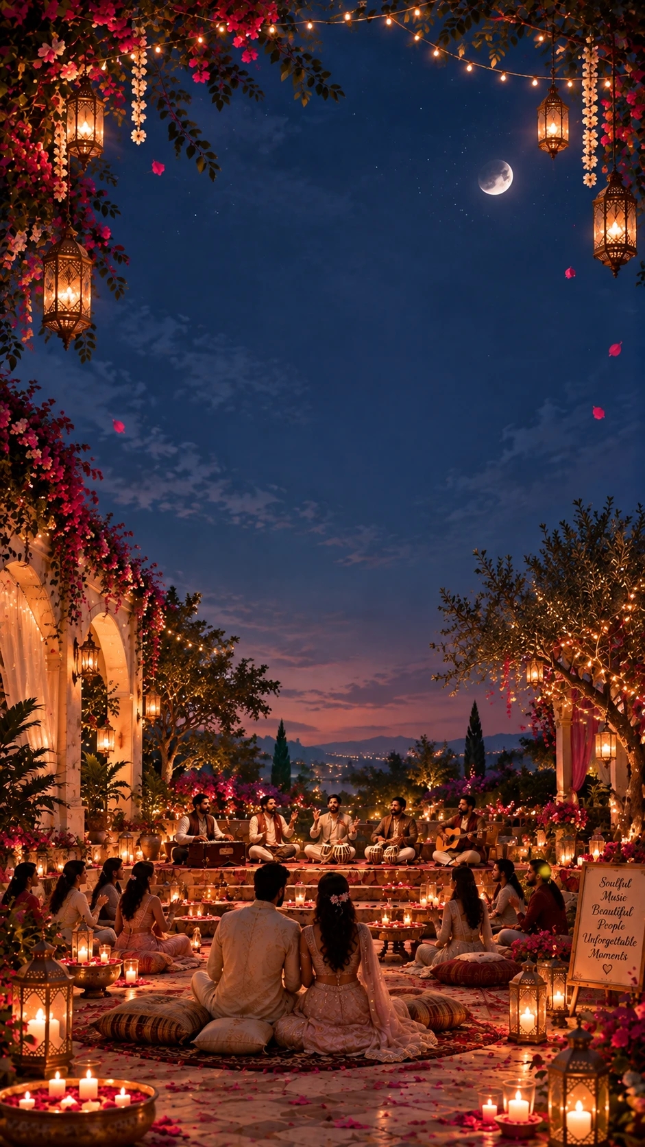 Indigo night sufi night invitation backdrop with a crescent moon, hanging lanterns and bougainvillea, a candle-lit stage of musicians and guests seated on cushions