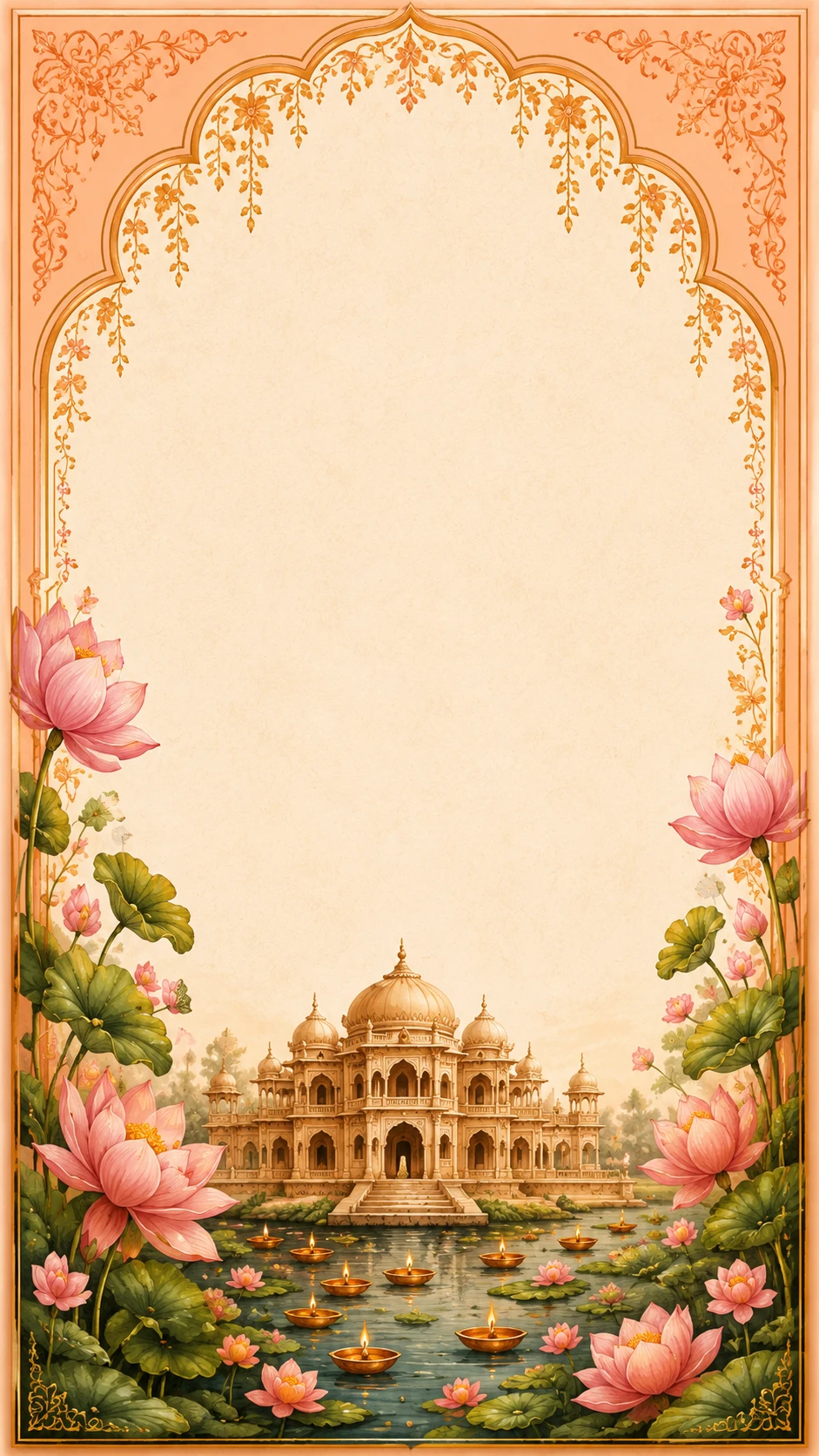 Blue-tiled Mughal arch over a charbagh courtyard with a marble pavilion