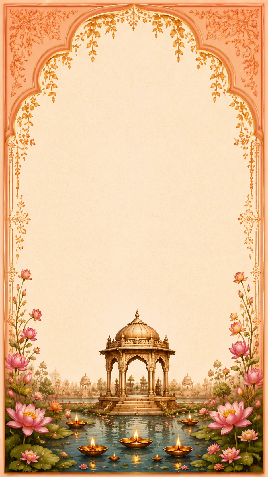 Ivory page with wisteria border and a domed pavilion beside a pool