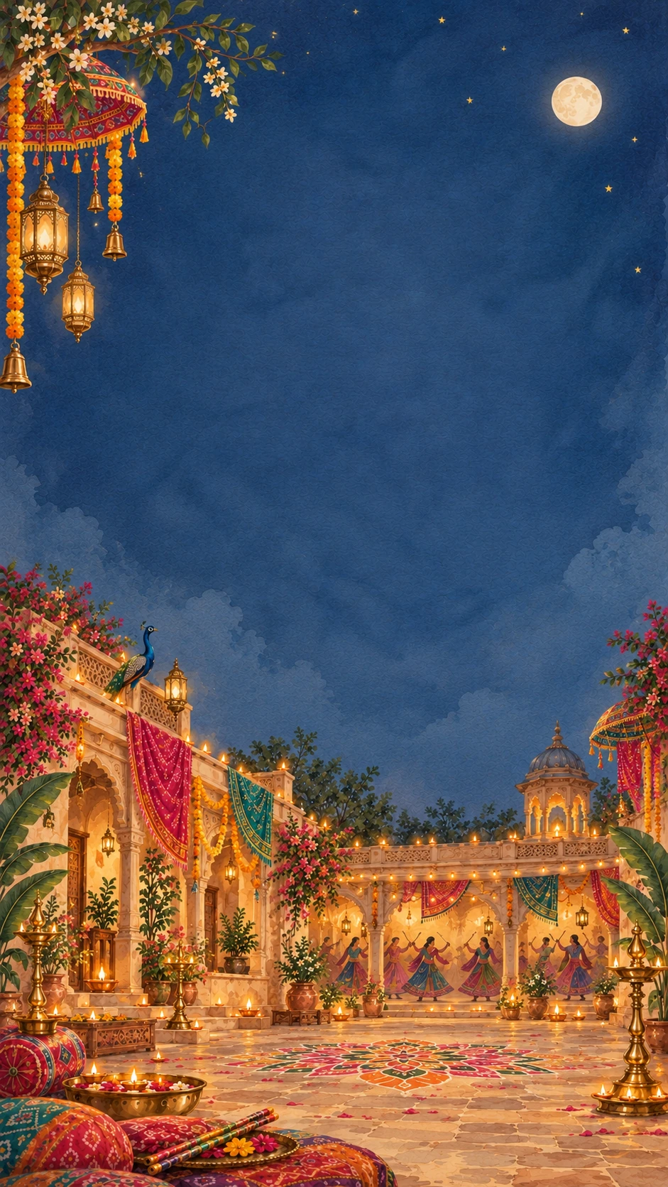 Midnight blue Navratri garba invitation backdrop with a full moon, hanging lanterns and marigold garlands, a peacock on a carved wall and dancers circling a rangoli courtyard