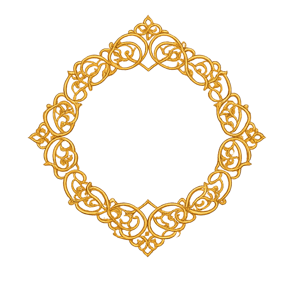 Glowing gold ornate circular filigree medallion ring frame on a black background
