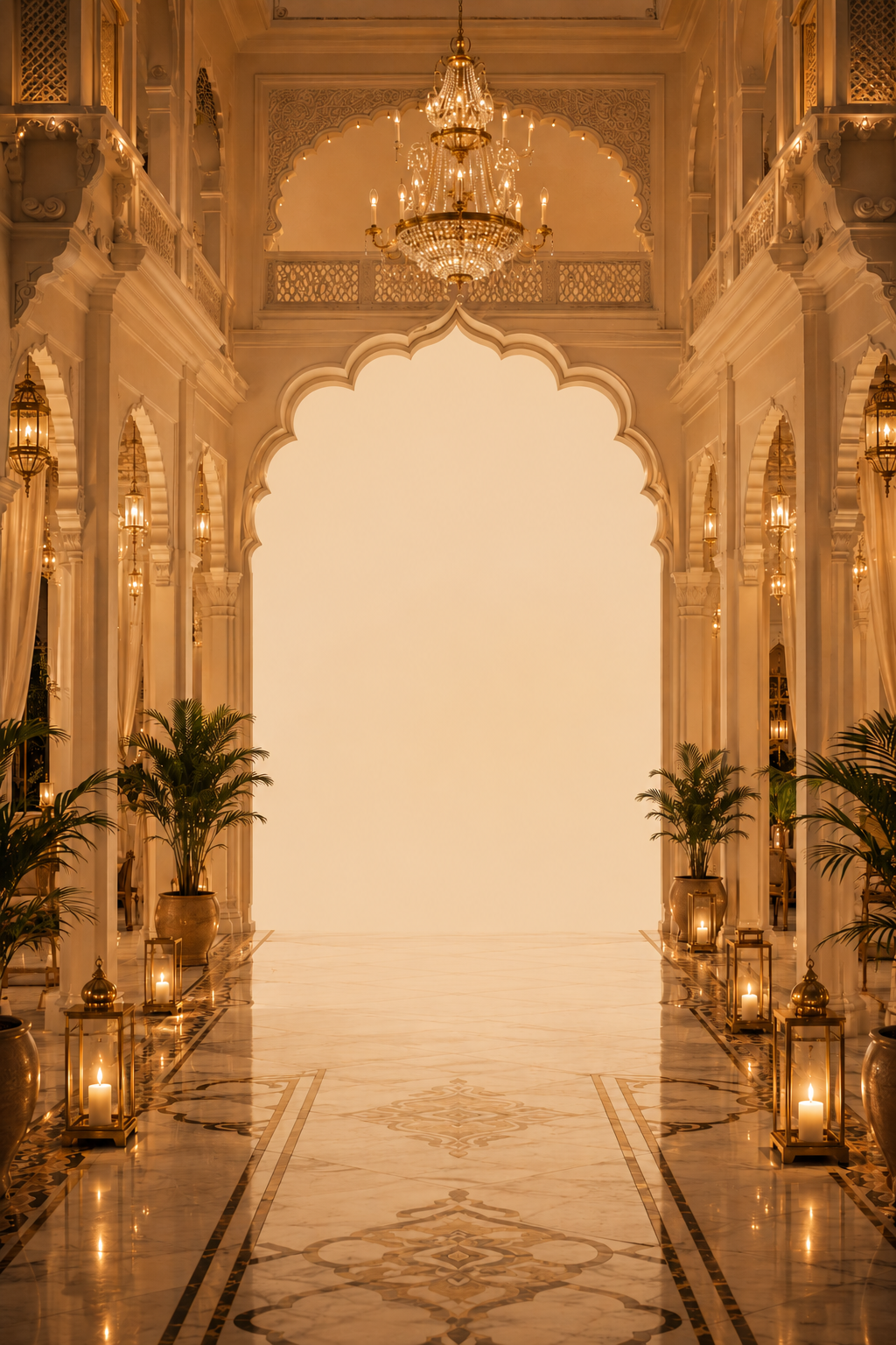 Illustration of an opulent palace interior hallway with a crystal chandelier and candle sconces