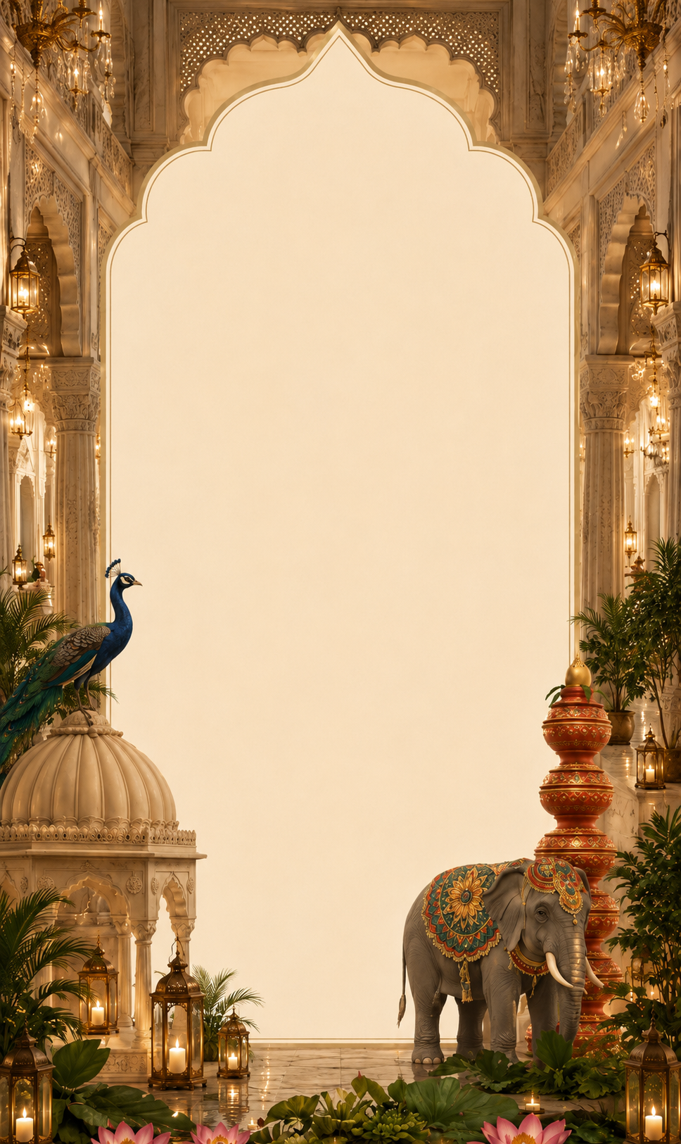 Palace archway view with a marble fountain, garden courtyard and a peacock