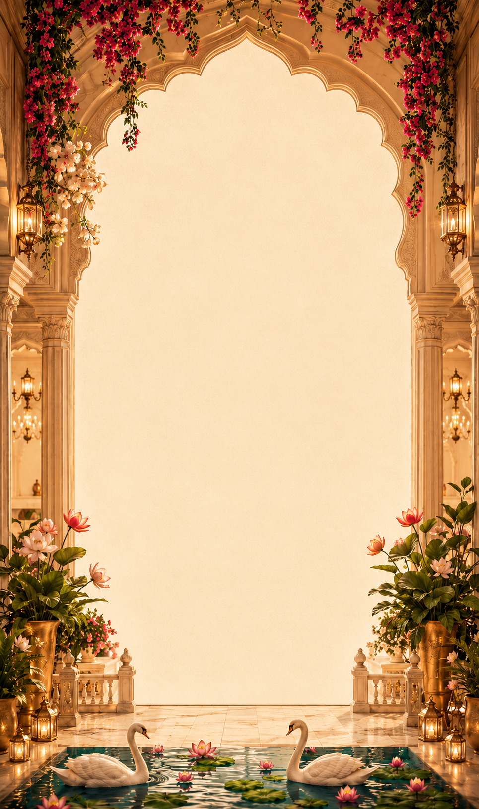 Palace archway view with pomegranate branches, a marble balustrade and a peacock beside a fountain