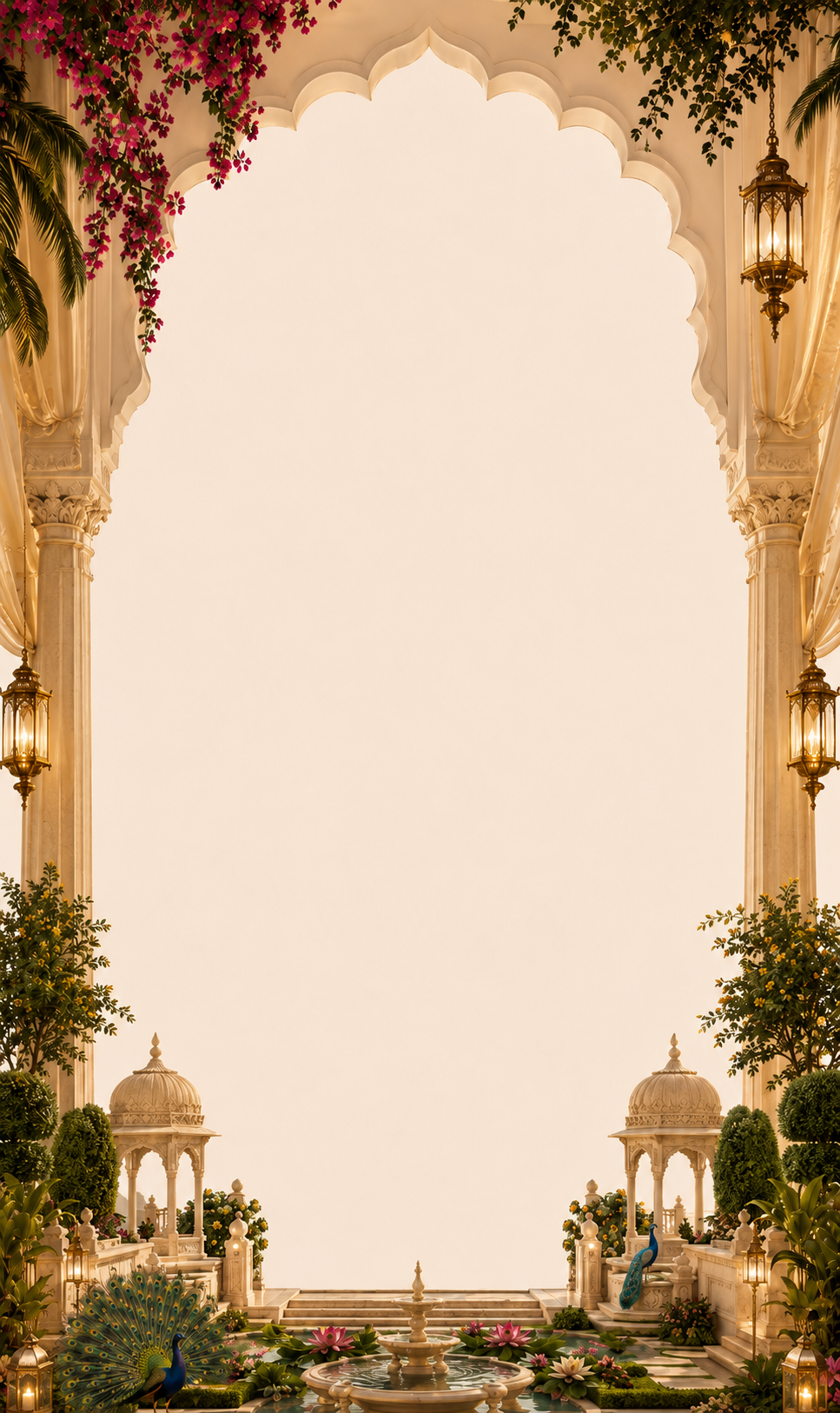 Illustration of a grand royal wedding procession with a groom on horseback, a decorated elephant and peacocks