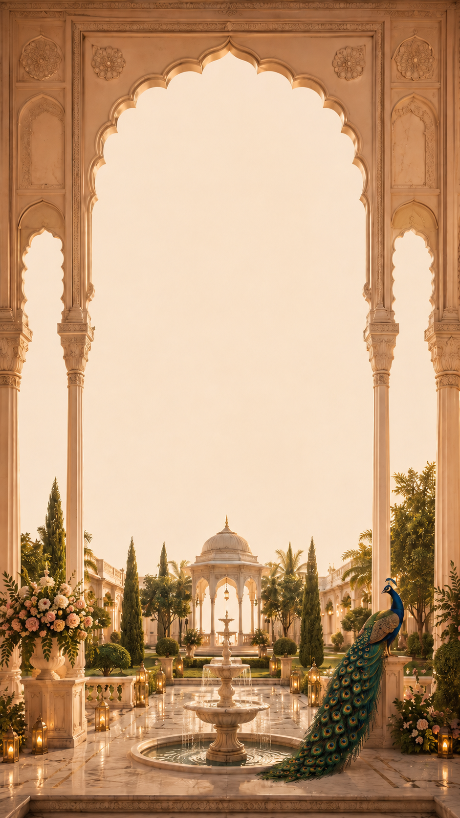 Palace archway framing a garden view with a marble fountain, cypress trees and a peacock