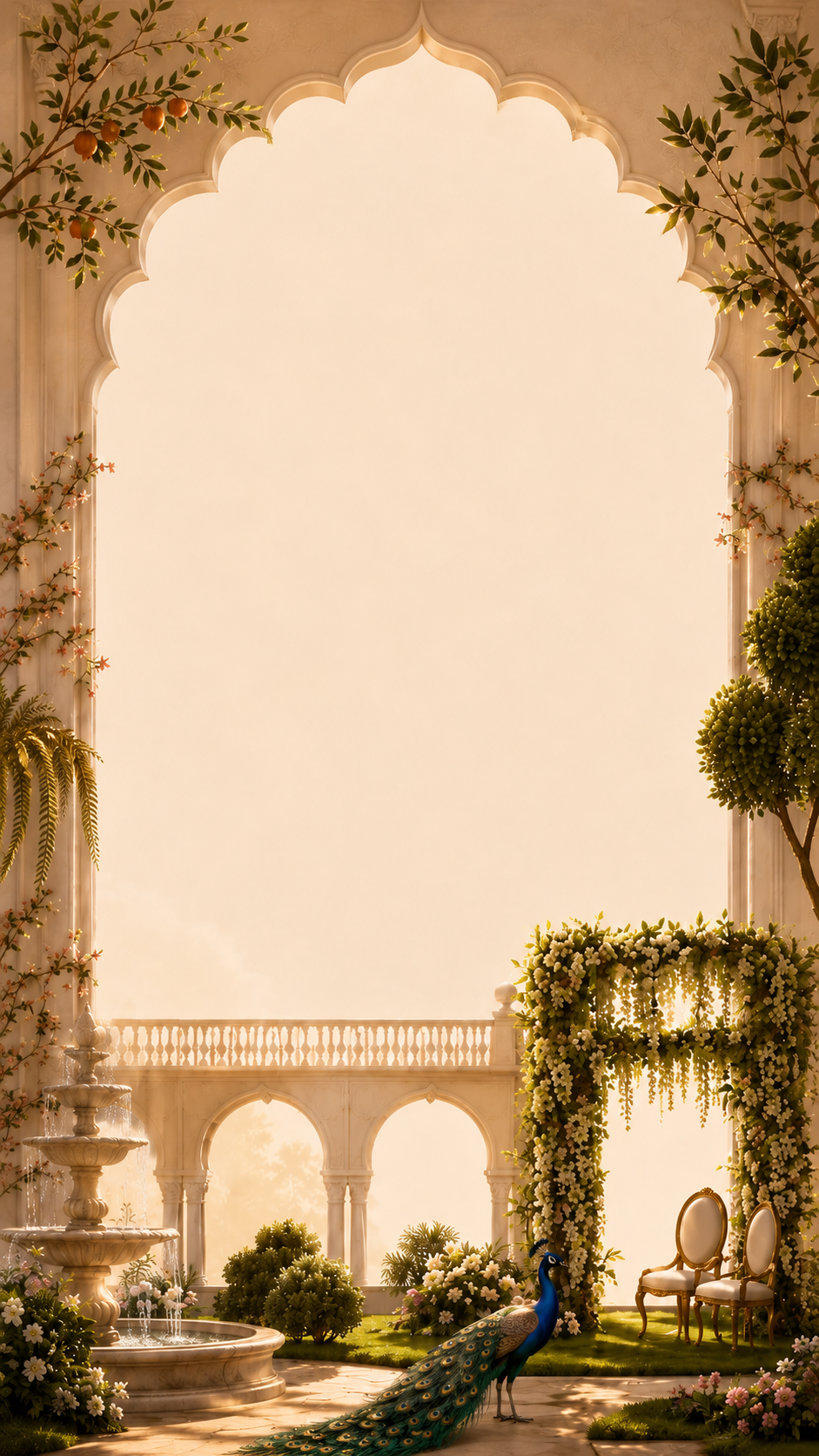 Palace archway framing a garden with a wisteria-draped seating alcove and a peacock