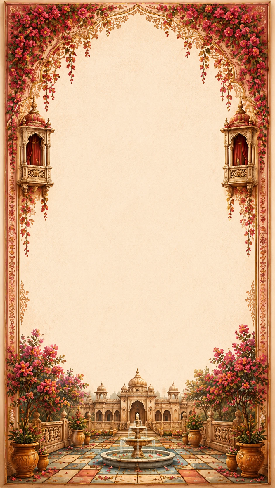Ivory floral arch framing a garden gazebo in heritage pastels