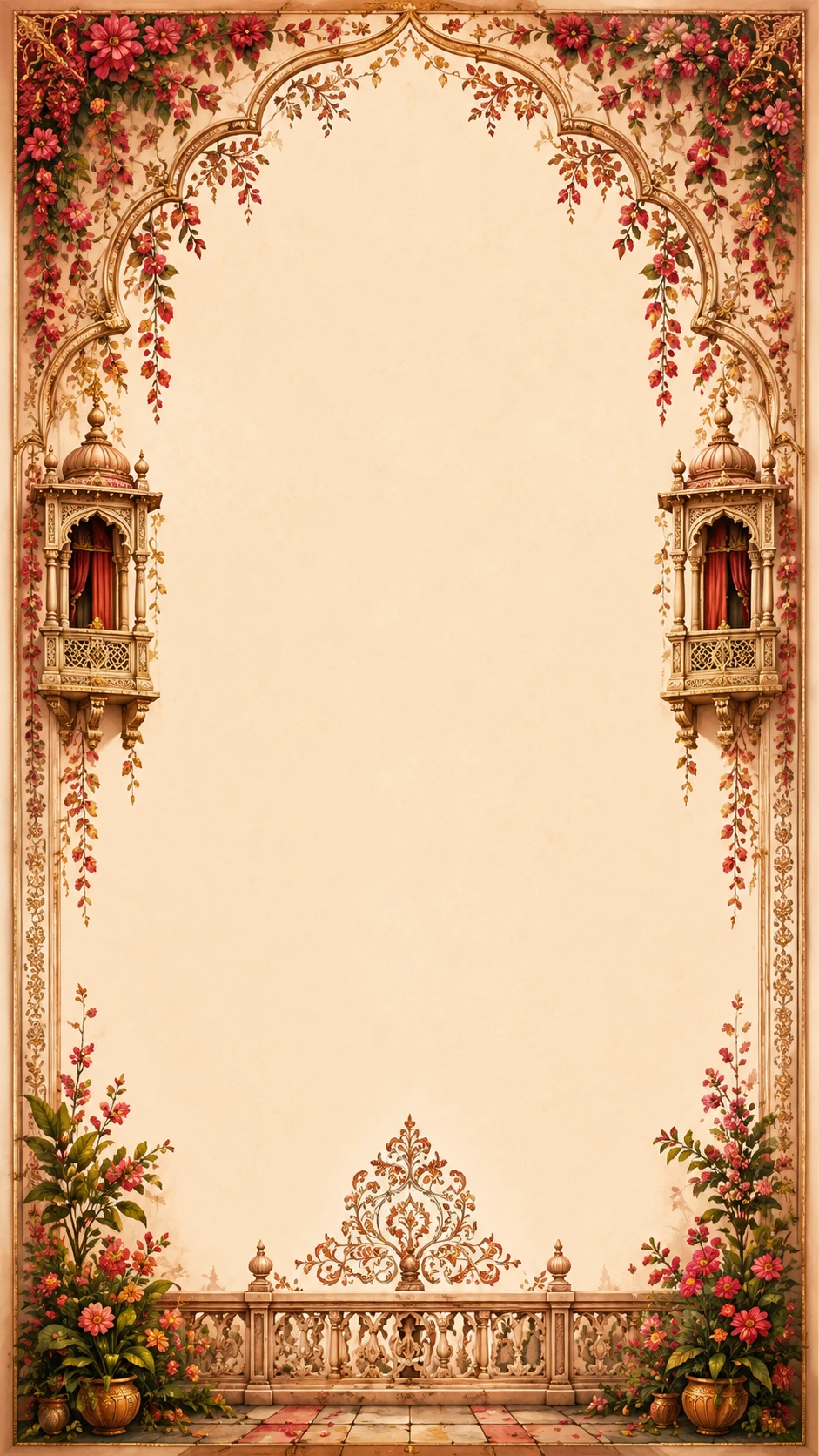 Pastel page with a small palace at the foot and rose corner clusters