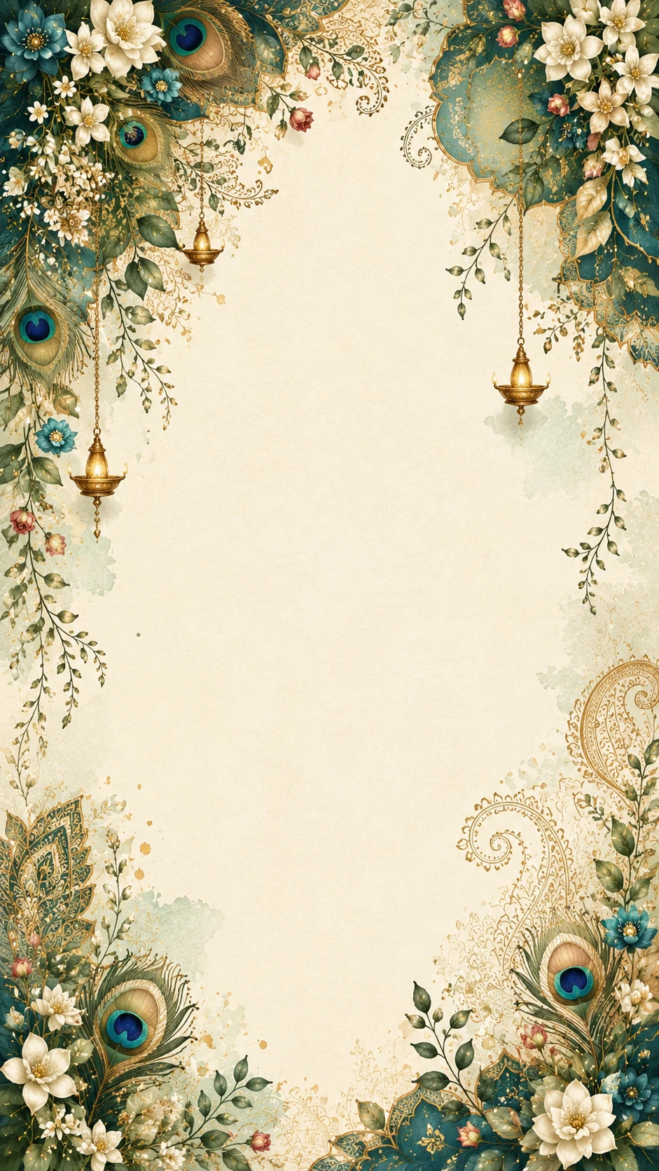 Elegant mehndi invitation backdrop with peacock feathers, ivory blossoms, gold paisleys and hanging brass diya lamps on cream