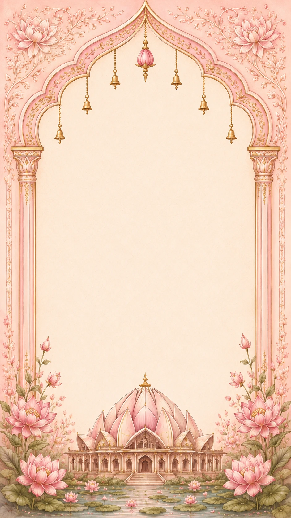 Blush pink arch frame with a grand lotus-shaped temple palace beside a lily pond