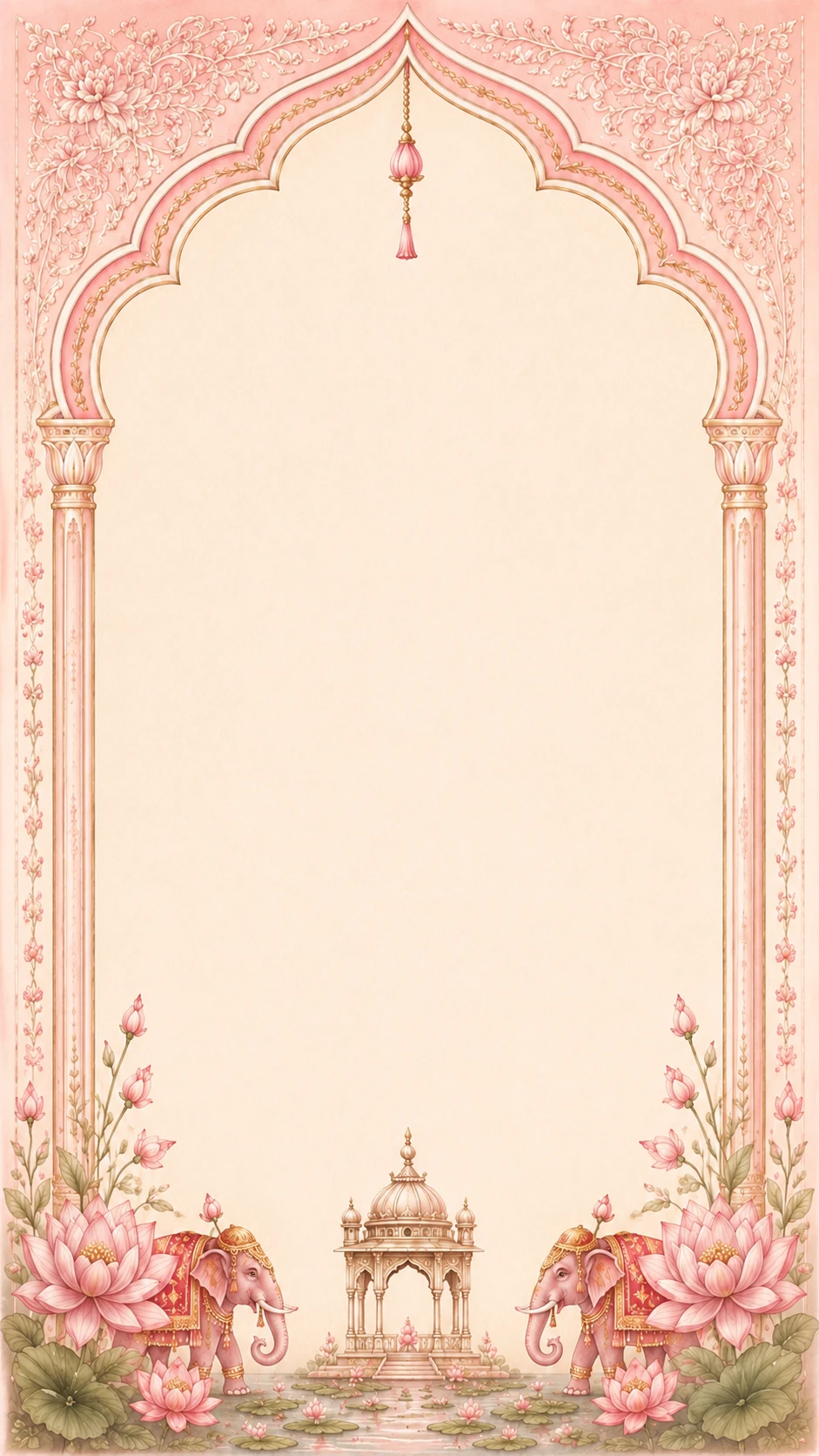 Blush pink arch frame with two elephants flanking a small lotus-shaped pavilion