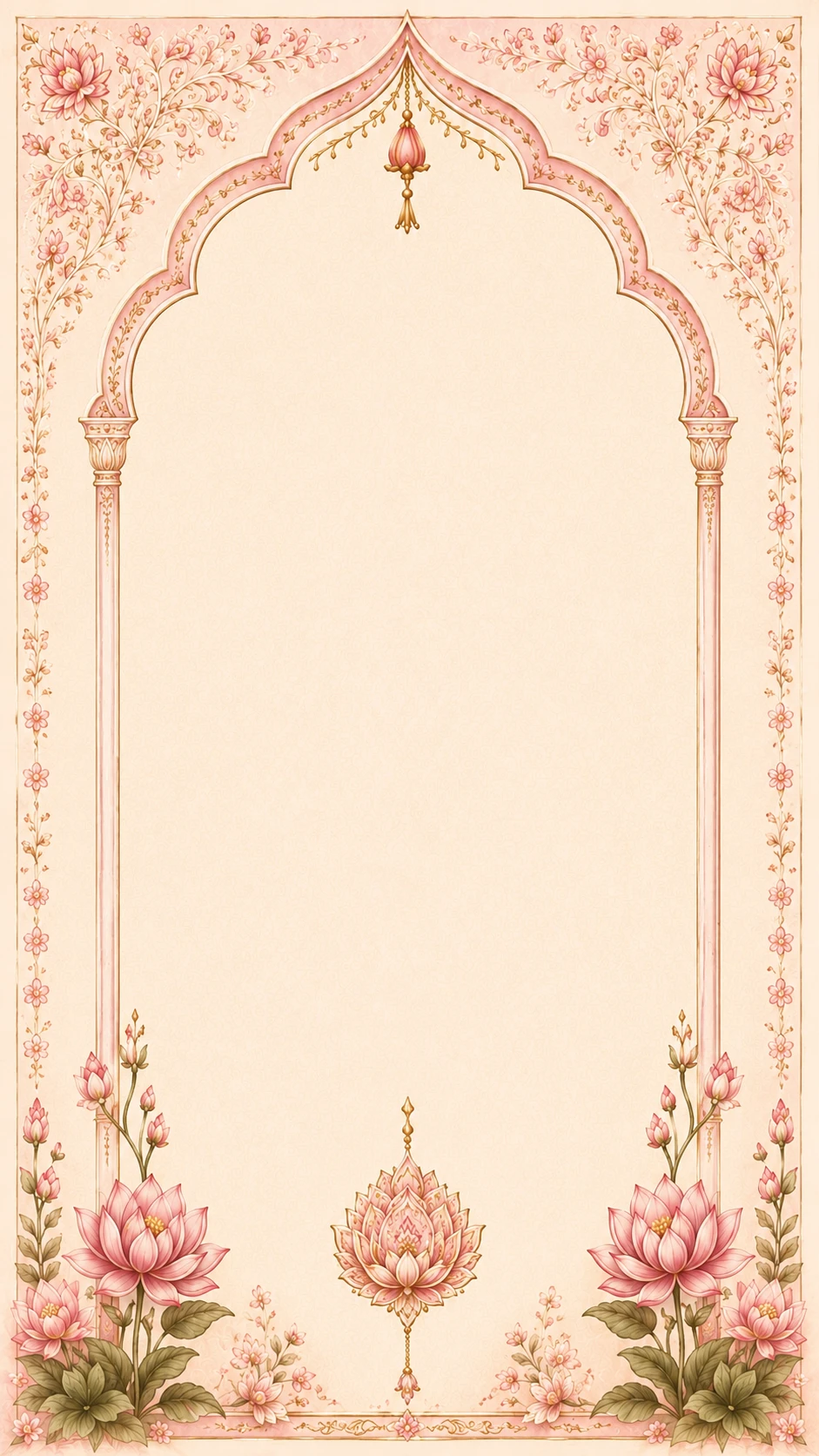 Blush pink arch frame with a single hanging lotus pendant and climbing floral vine borders