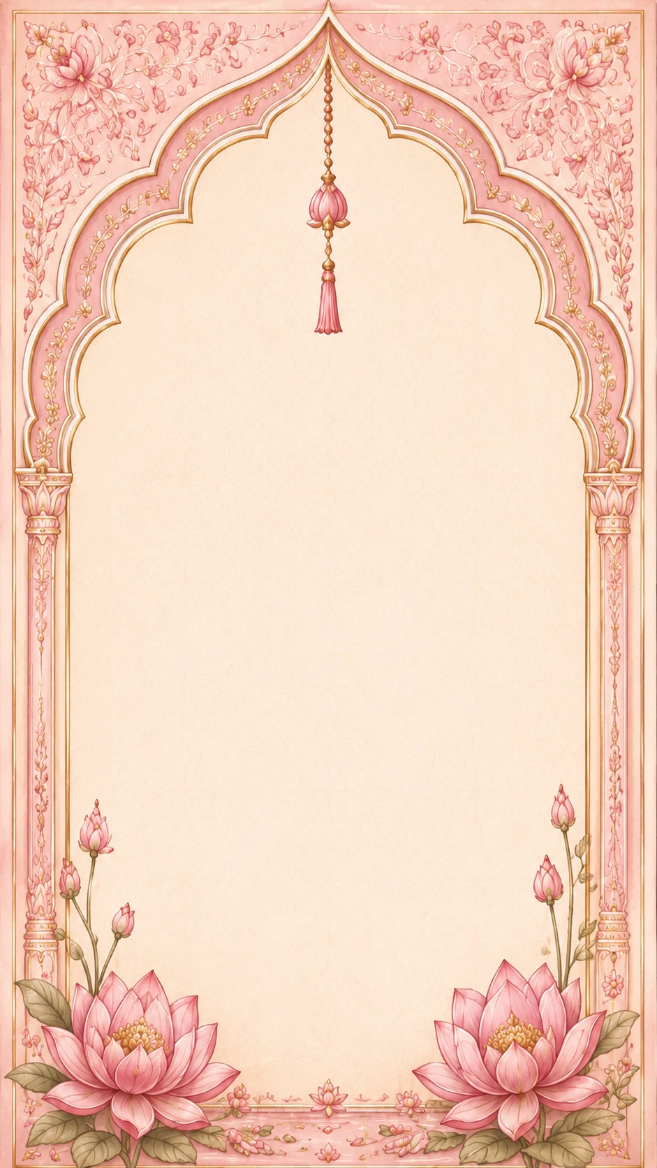Blush pink arch frame with a hanging lotus pendant and delicate floral vine borders