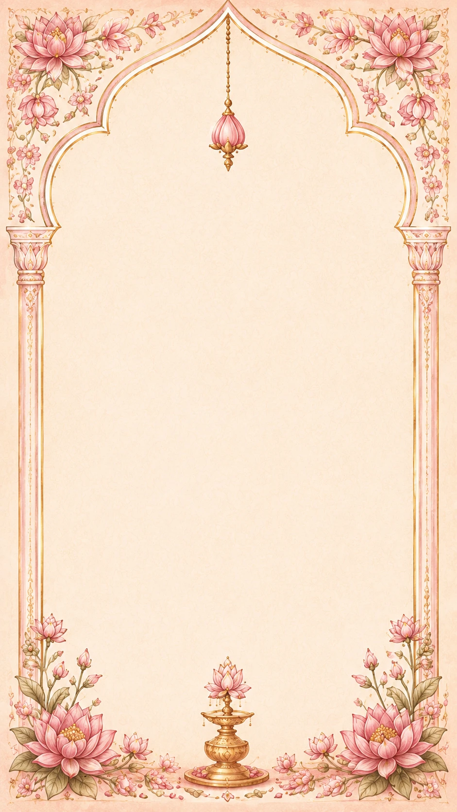 Blush pink arch frame with a lotus and tassel pendant and large blooming lotus flowers