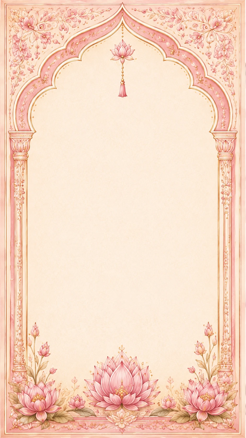 Blush pink arch frame with an ornate lotus and tassel pendant and a large lotus flower