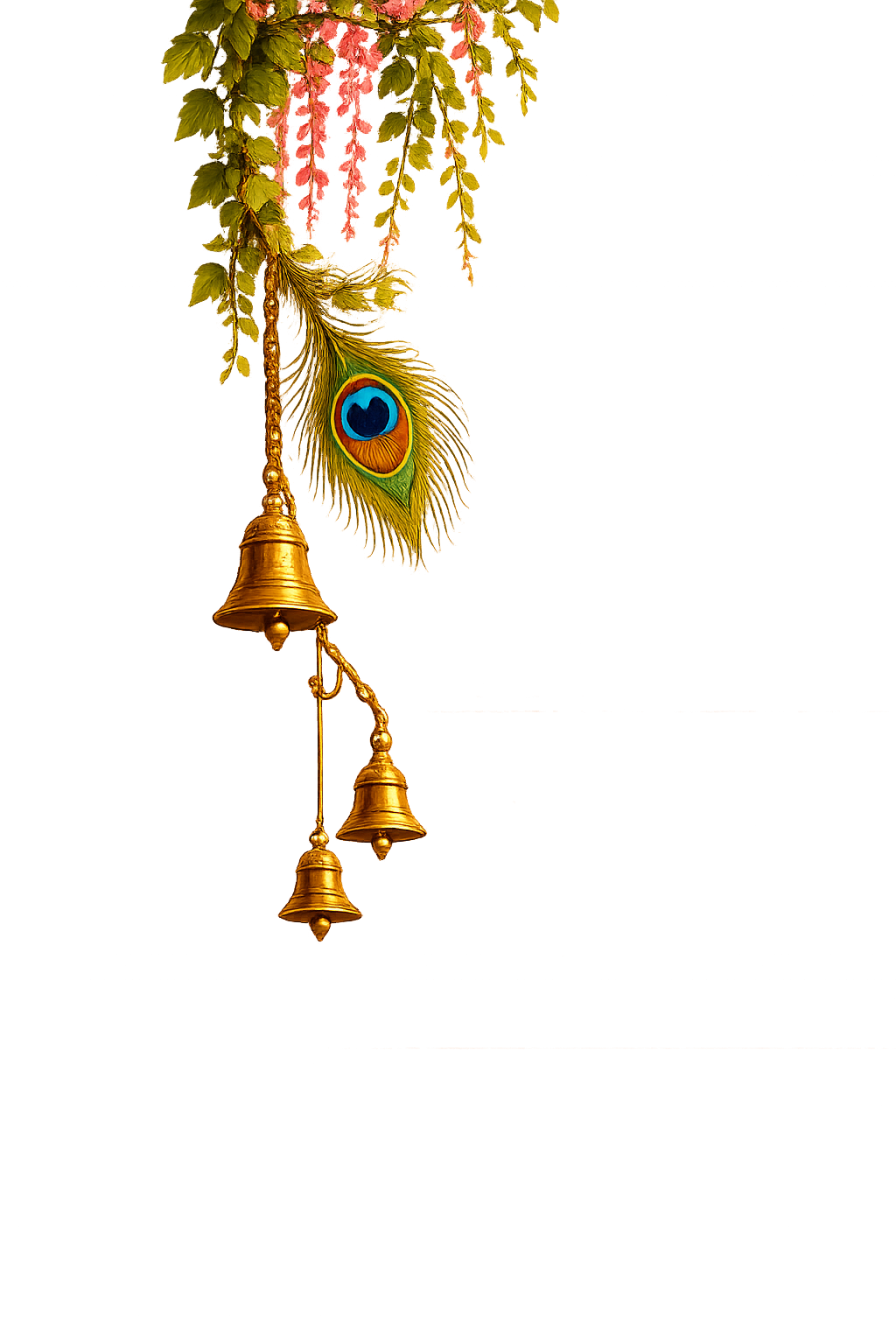 Ornate gold hanging temple bells with a peacock feather and pink flowers on a gold gradient background