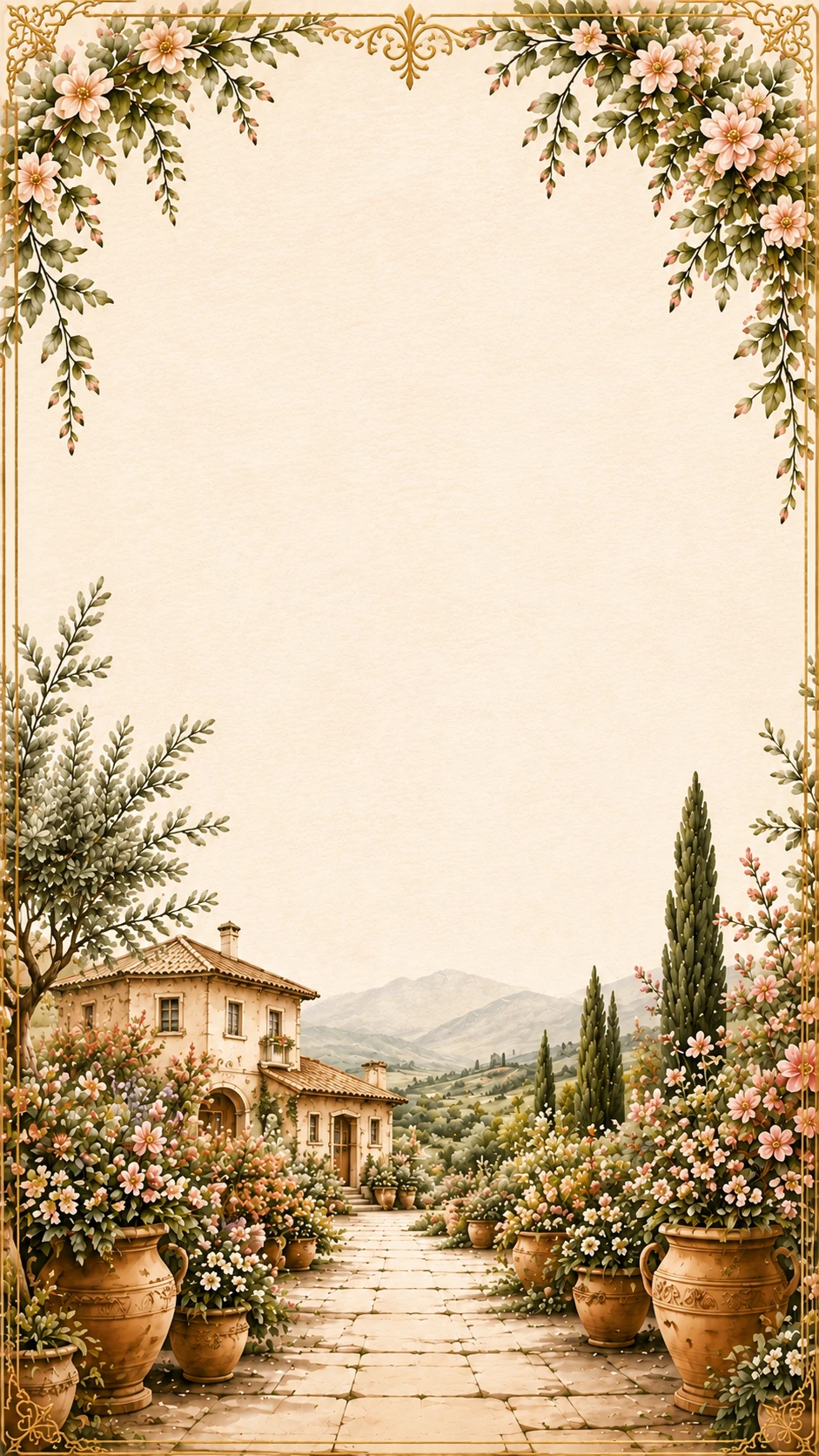 Watercolour French manor between stone urns under a rose garland border