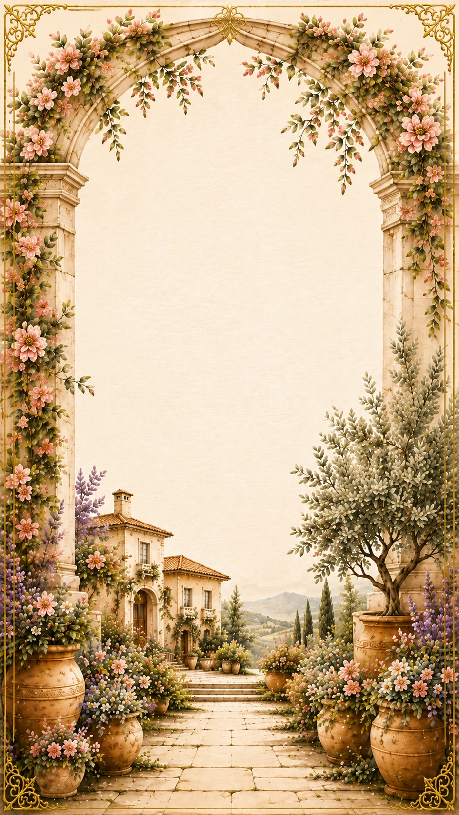 Garden gazebo framed by columns wrapped in pink and blue blossoms