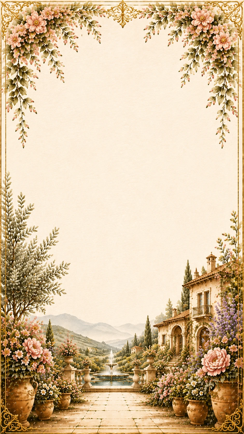 Ivory page with a small palace at the foot and rose clusters in the corners
