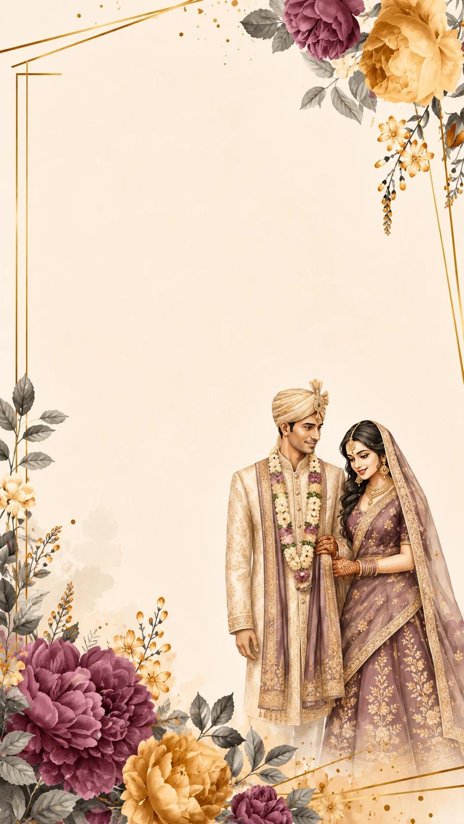 Watercolour illustration of a bride and groom in traditional Gujarati wedding attire, framed by plum and mustard peonies on an ivory card