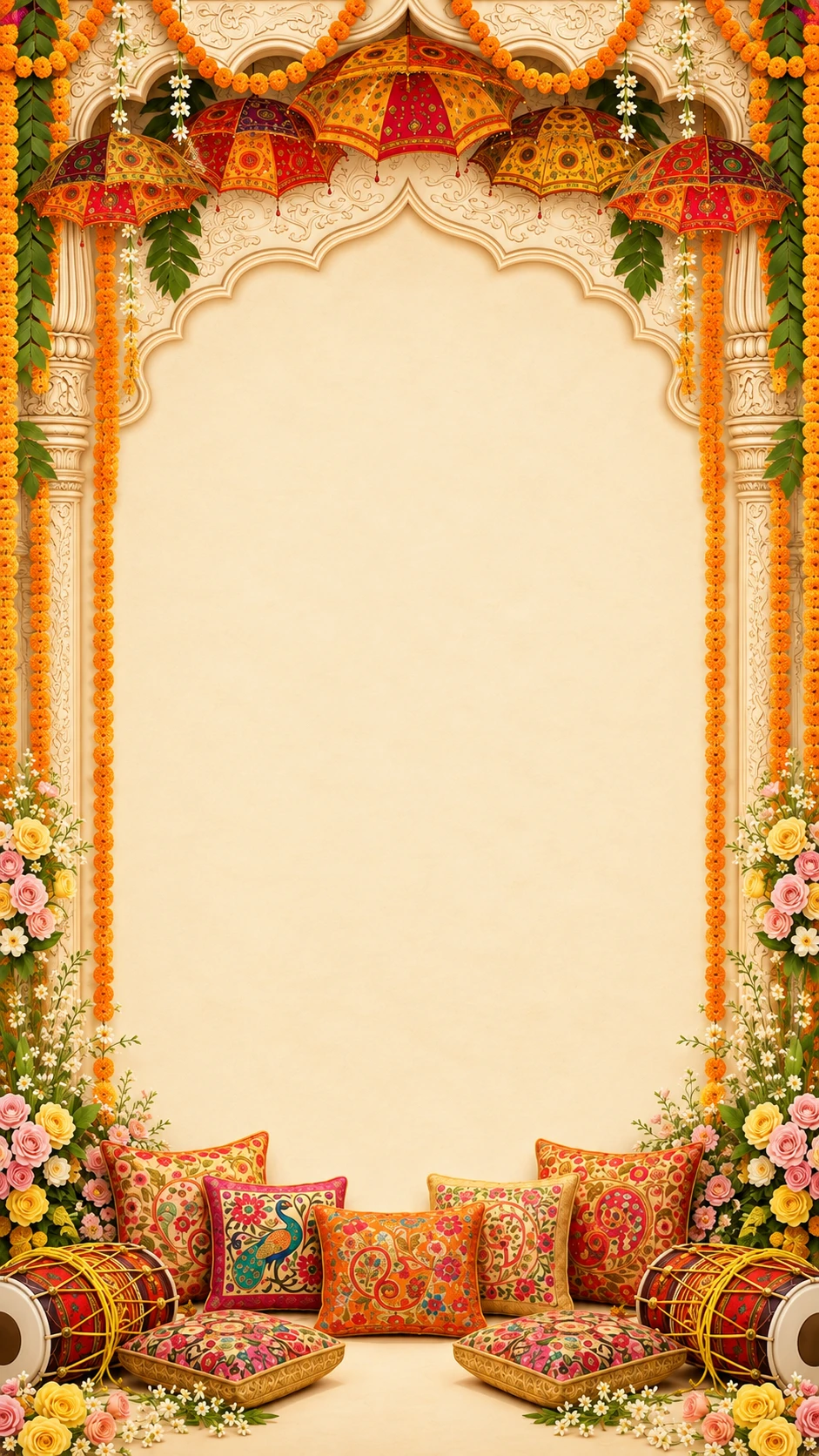Mehndi invitation backdrop of a carved ivory arch decorated with festive Rajasthani umbrellas, marigold garlands, dhols and embroidered cushions