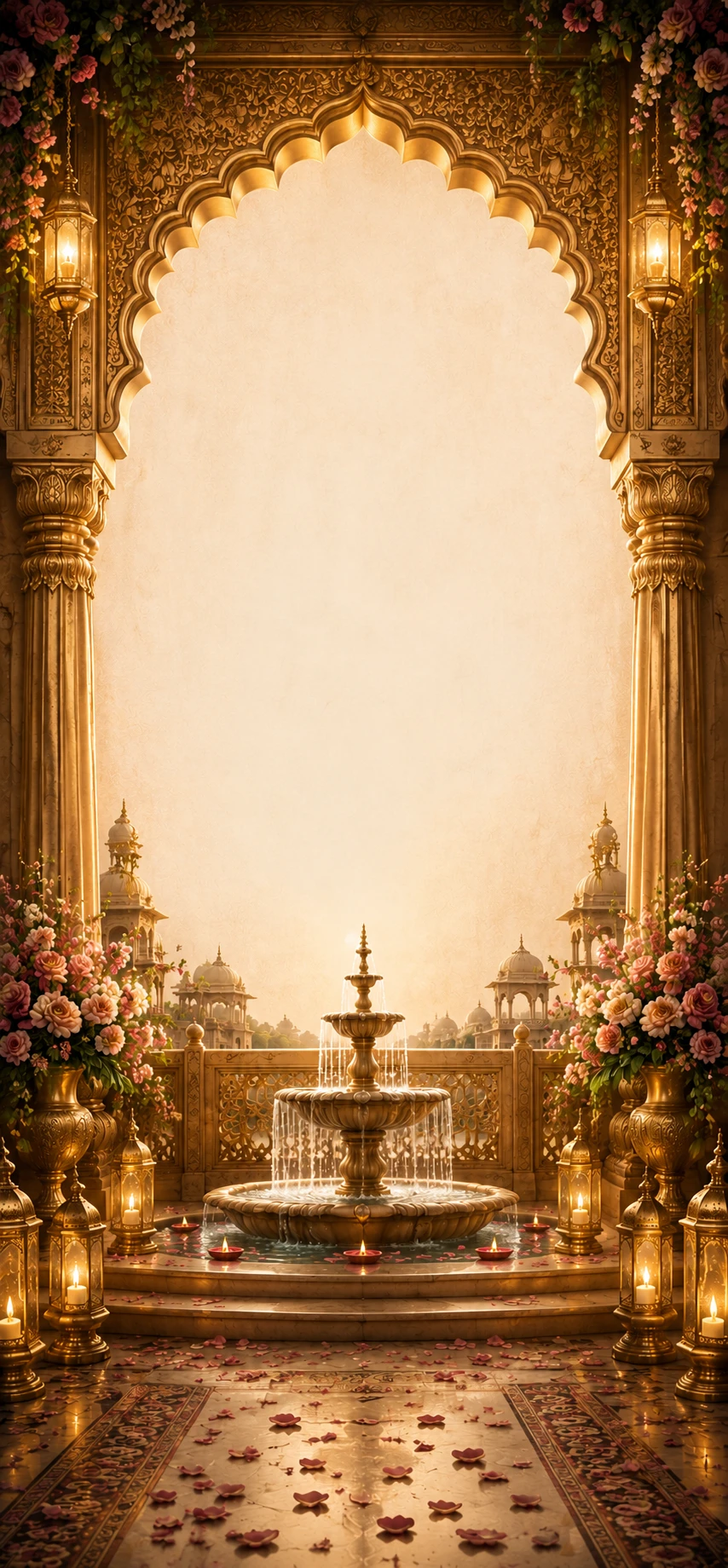 Grand gold Rajasthani archway with hanging lanterns, a marble fountain and rose bouquets