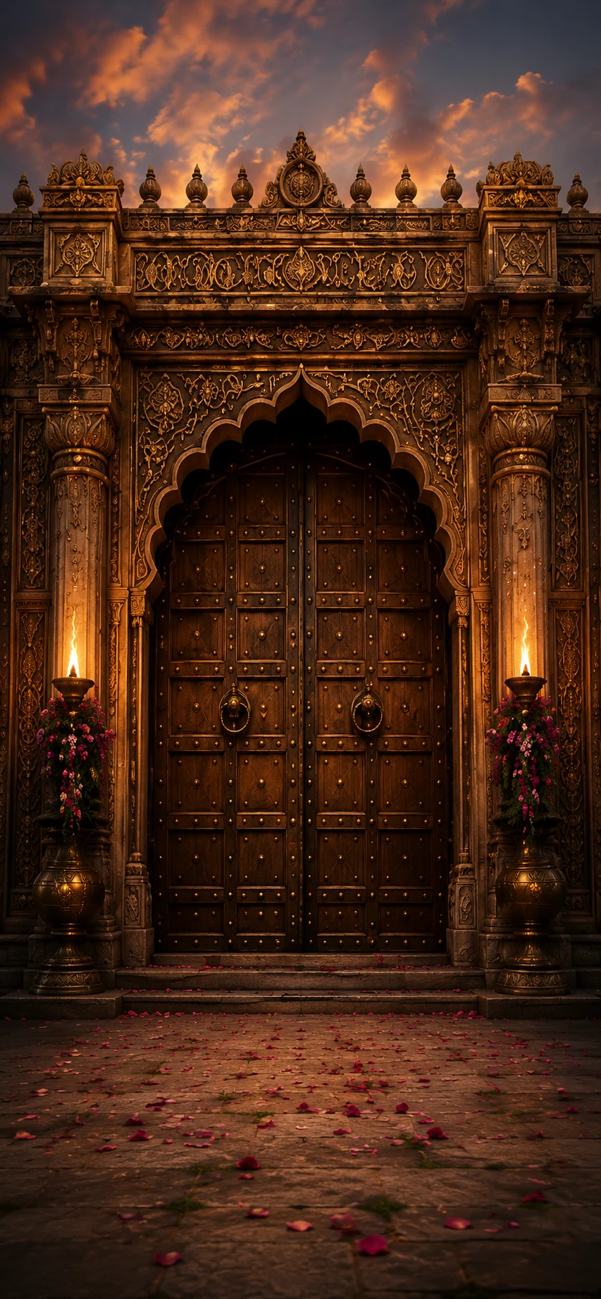 Ornate gold temple archway with hanging lanterns and roses