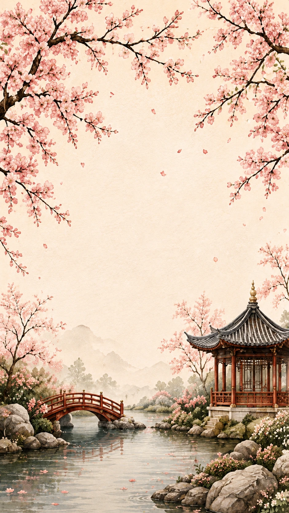 Cherry blossom branches over a red bridge and lakeside pagoda
