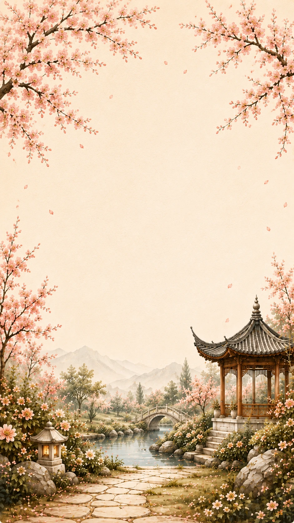 Soft pink page with falling petals, a stone lantern and a pavilion path