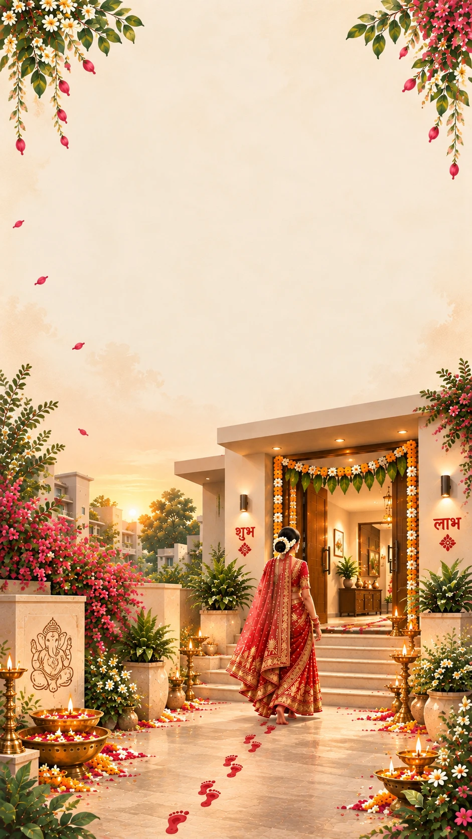 Warm plaster kanku pagla invitation backdrop with a bride in a red lehenga stepping into a garlanded home over red kanku footprints, brass lamps, Ganesh idol and bougainvillea