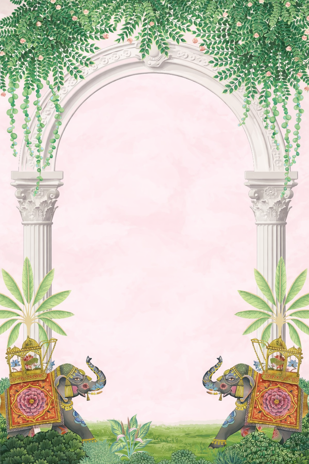 Illustrated Rajasthani archway with two decorated elephants and palm trees
