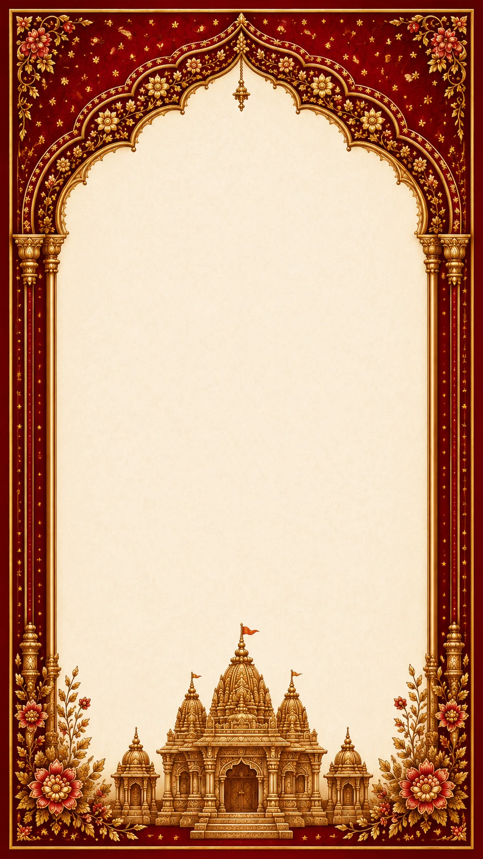 Maroon and gold Rajasthani arch frame with a golden temple mandir illustration and floral corners