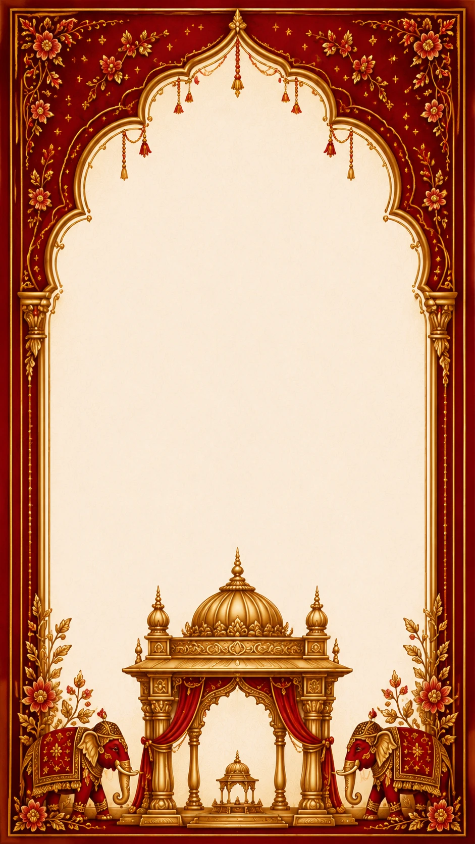 Maroon and gold arch frame with two ceremonial elephants beside an ornate golden wedding mandap draped in red curtains