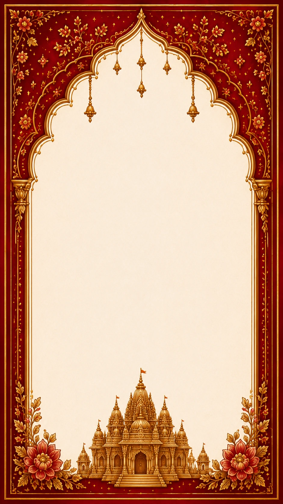 Maroon and gold scalloped bell arch frame with a grand multi-spire golden temple illustration