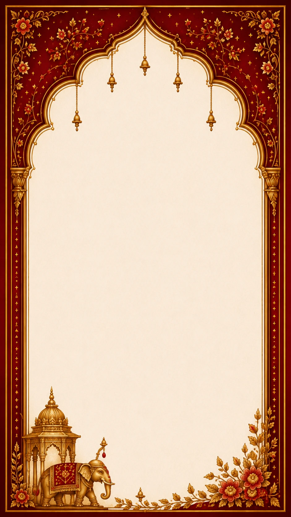 Maroon and gold scalloped bell arch frame with a single caparisoned elephant beside a small golden pavilion and floral corner spray